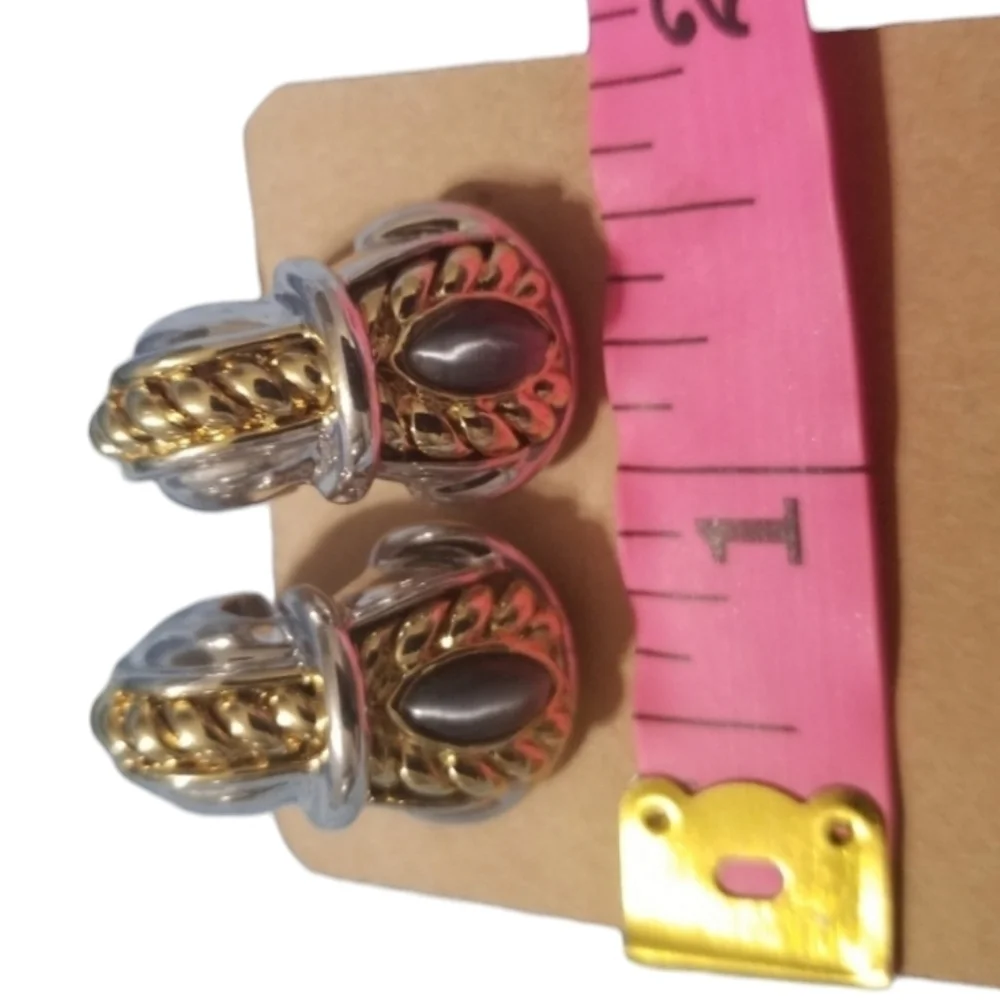 VINTAGE St. John Blue Cat Eye Buckle Clip-On Earrings Gold & Silver Tone
